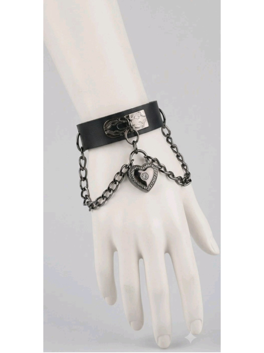Gothic Punk Black Leather Heart Lock Chain Bracelet / Choker Cuff Jewelry New